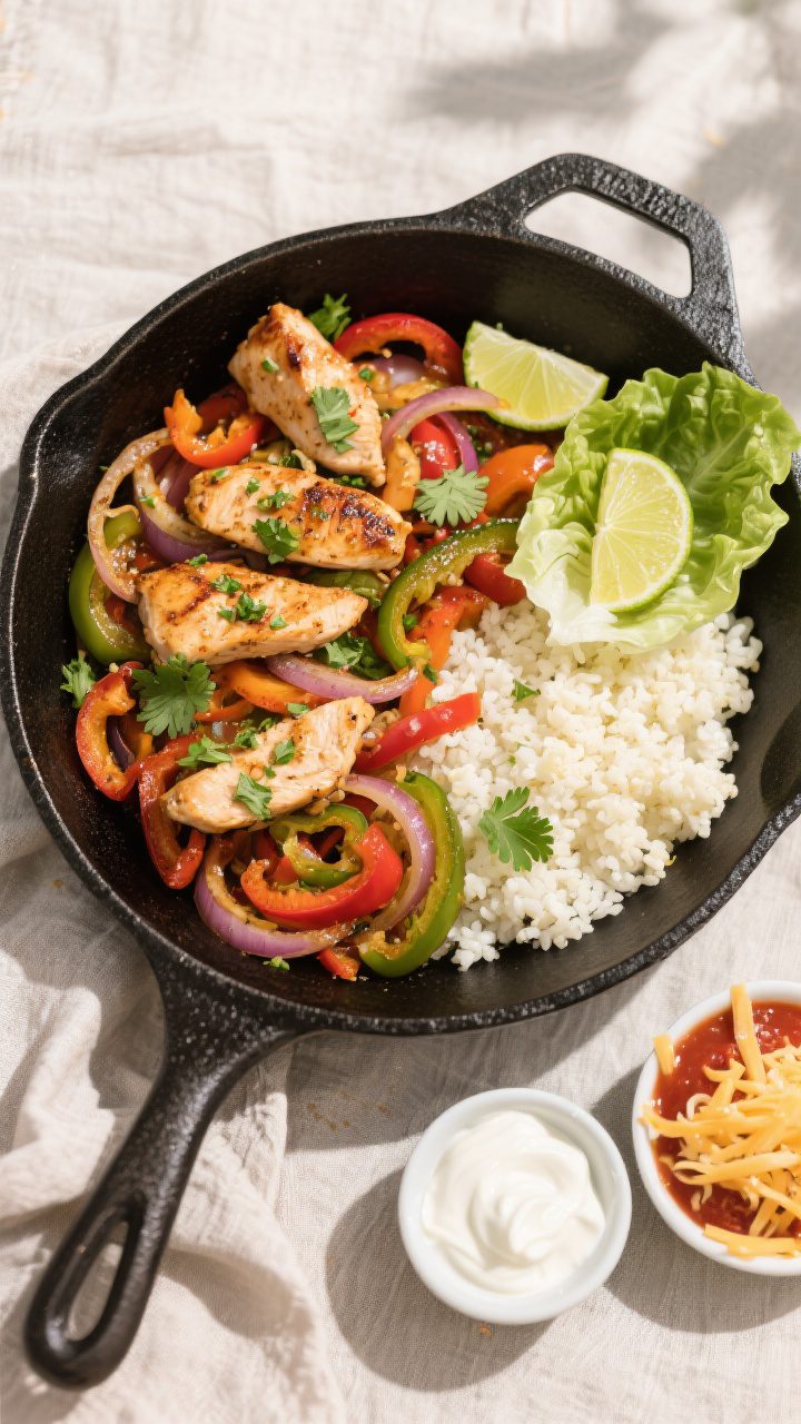 Tasty top view, overhead shot: Overhead shot of a vibrant low-carb chicken fajita skillet just off t