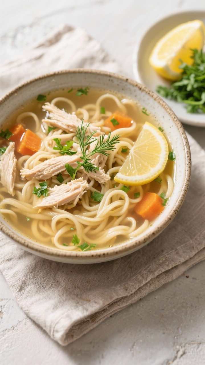 Tasty top view, overhead shot: Overhead shot of a rustic ceramic bowl filled with classic chicken no
