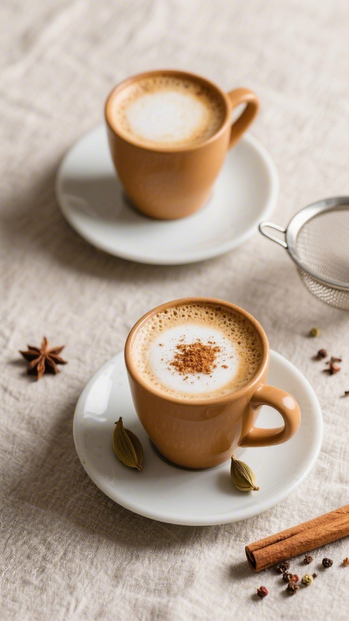 Tasty top view, strained and served: Overhead shot of two mugs of freshly strained stovetop chai lat