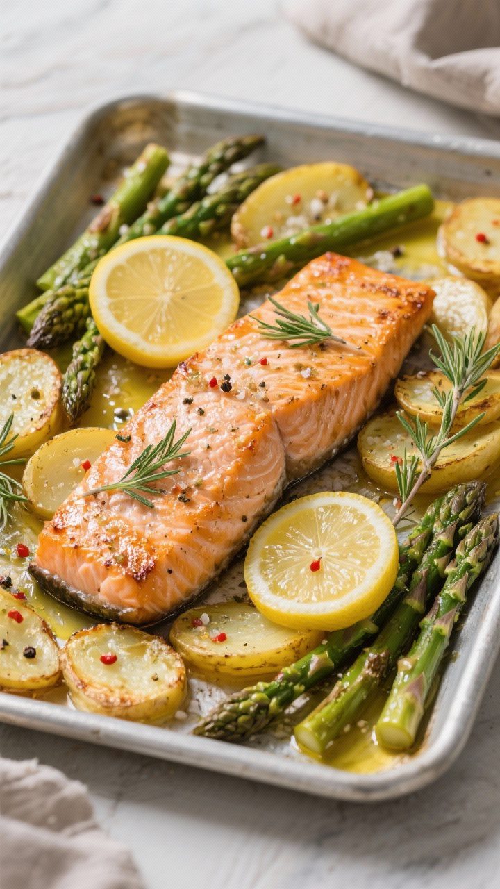 Tasty top view: Top-down shot of a sheet-pan dinner variation—salmon fillet surrounded by roasted