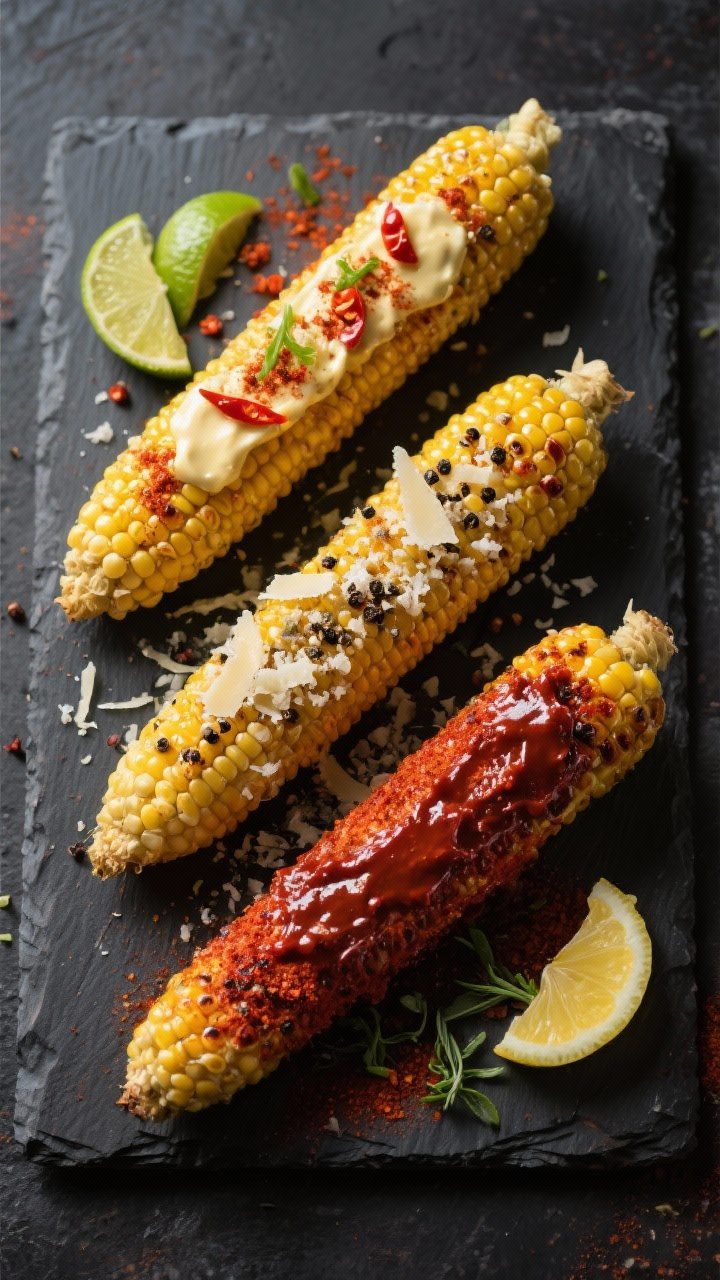 Tasty top view — variations sampler: Overhead shot of three cooked and dressed corn cobs arranged