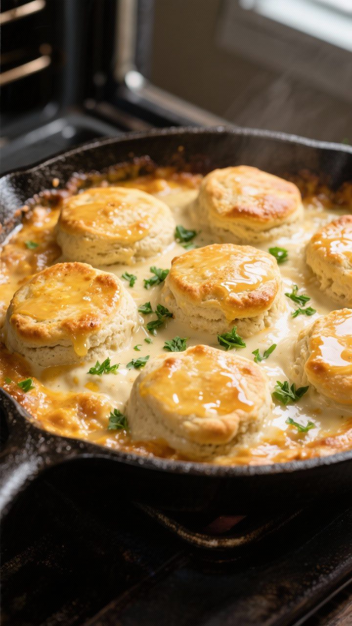 Transition to bake, topping detail: Close-up of the assembled skillet just before going into the ove