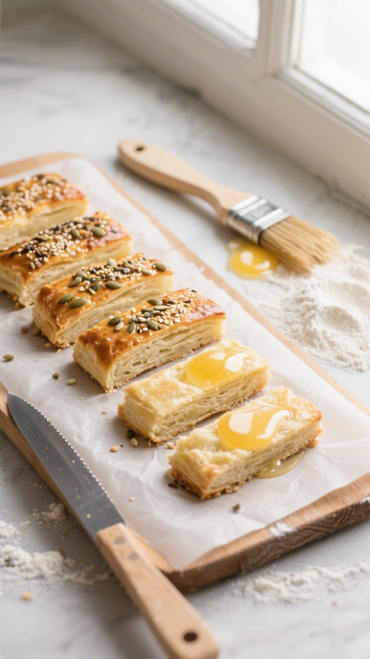 5–2 inch pieces on a parchment-lined board, seam sides down; sharp knife mid-cut showing clean edg