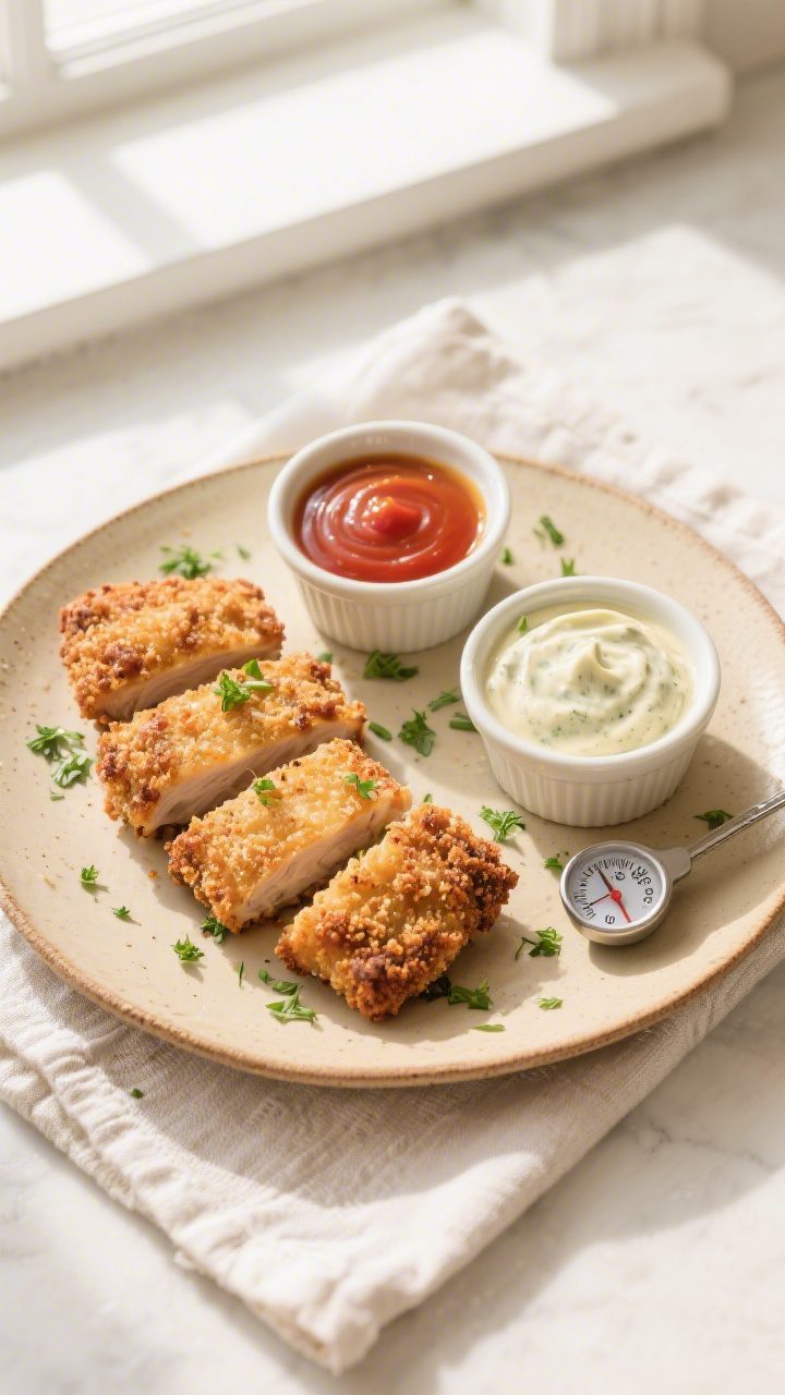 5-inch pieces, with three dipping sauces in small ramekins: ketchup, honey mustard, and ranch; scatt