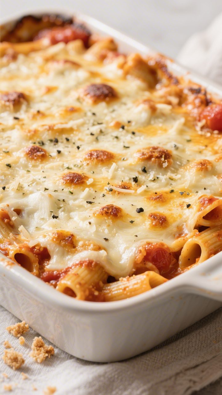 Close-up detail: A bubbling, just-uncovered baked ziti in a 9x13-inch casserole, top layer of melted