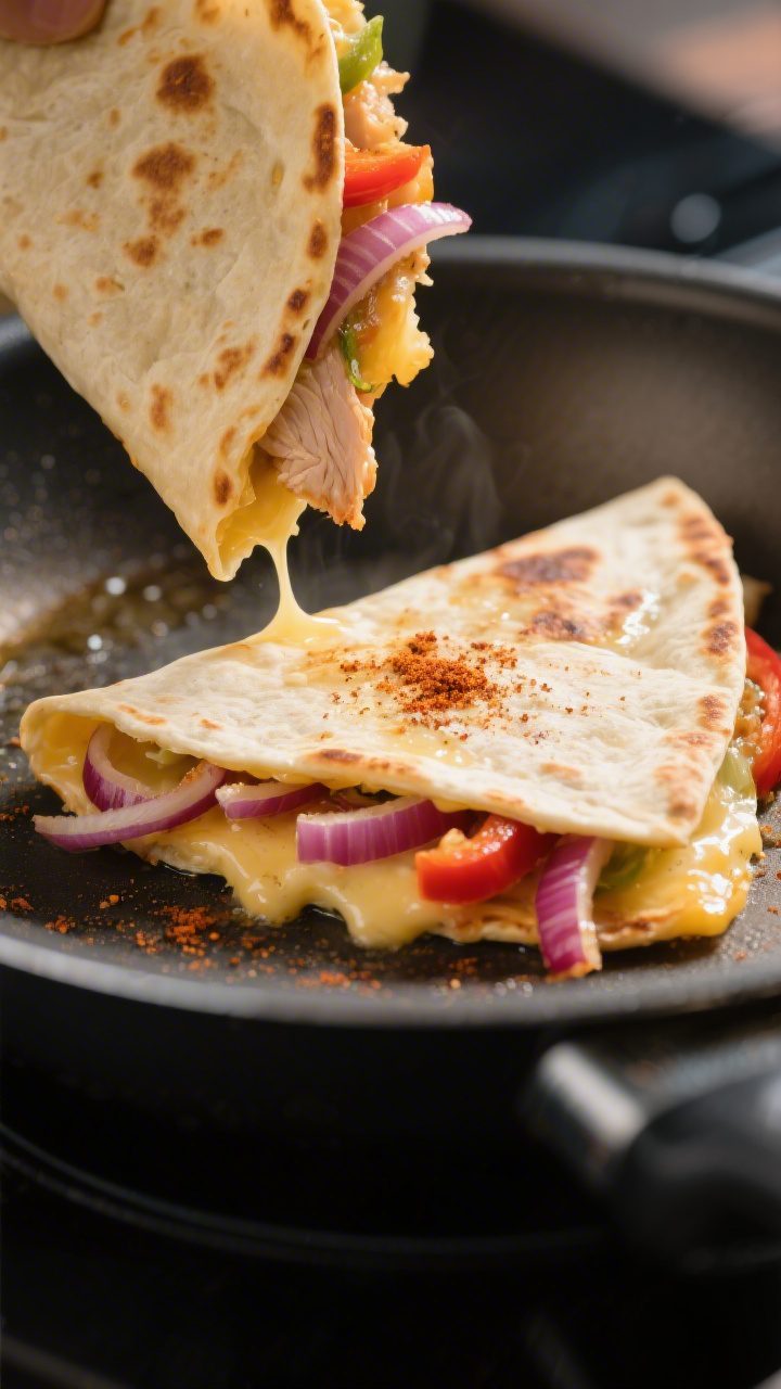Close-up detail: A folded chicken quesadilla half sizzling in a nonstick skillet over medium heat, g