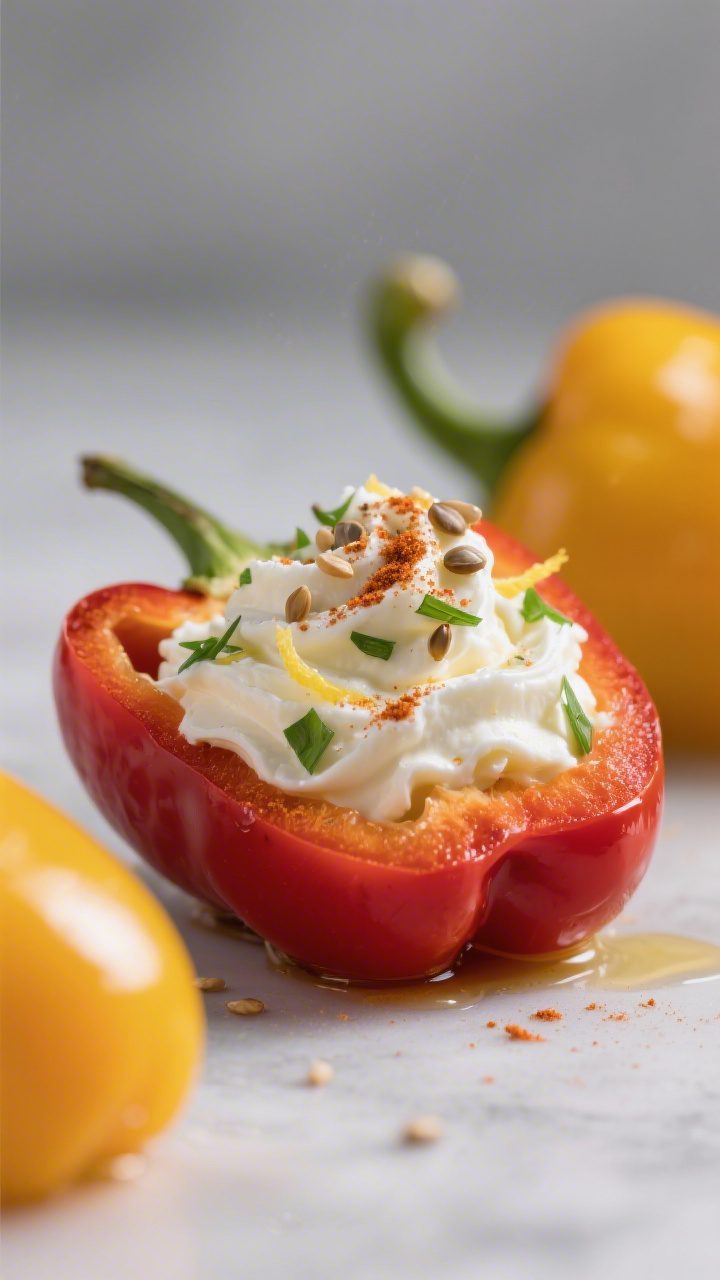 Close-up detail: A halved mini sweet pepper freshly stuffed with smooth, whipped cream cheese fillin