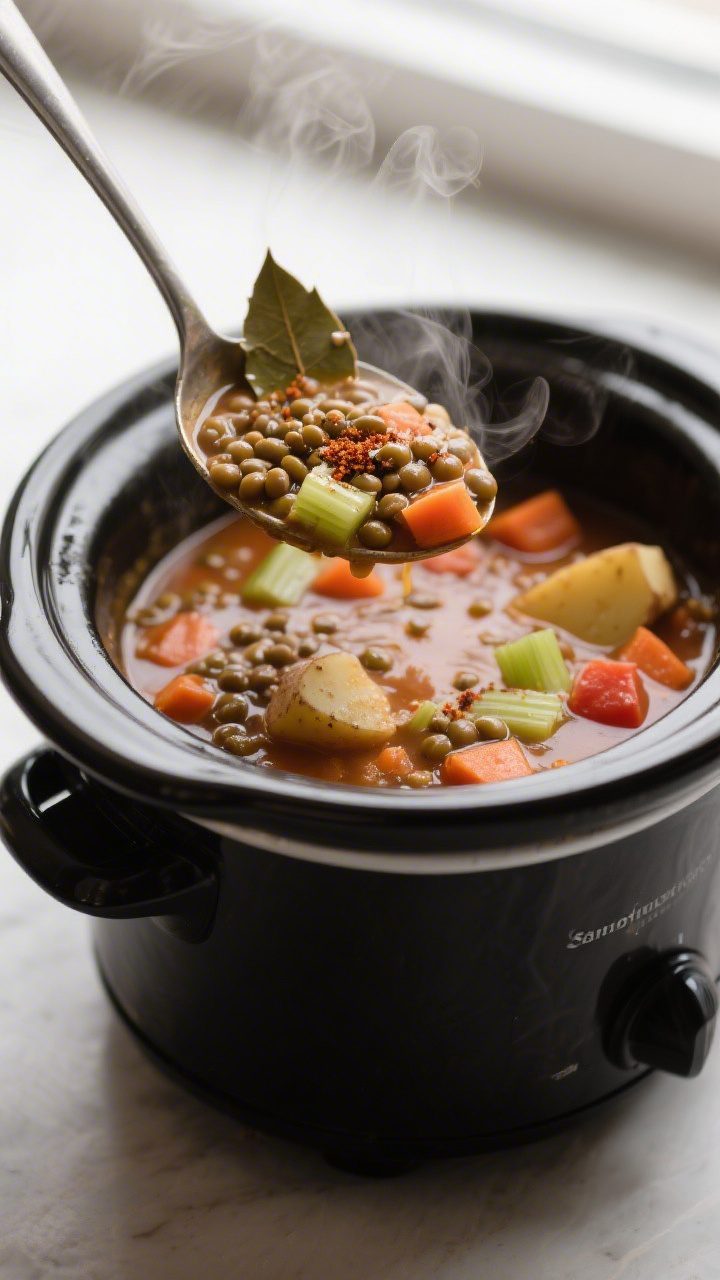 Close-up detail: A ladle lifting thick, cooked slow-cooker lentil vegetable soup from the pot, showc