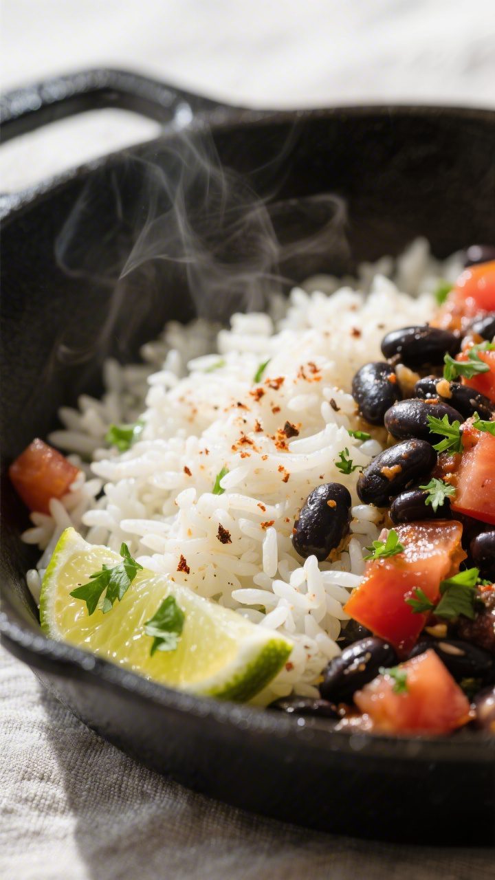 Close-up detail: A steamy, just-fluffed rice and black beans skillet right after the lime squeeze, s