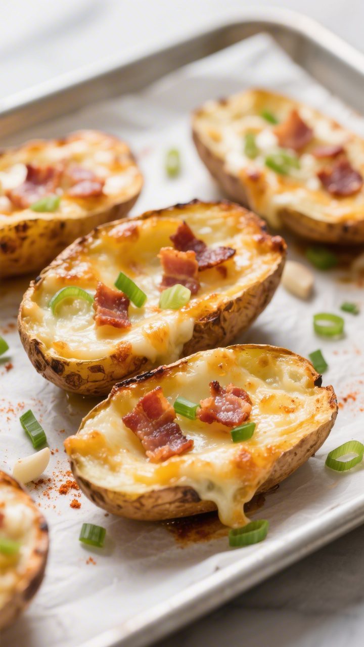 Close-up detail: Crispy baked potato skins just after broiling, cheese fully melted and bubbling wit