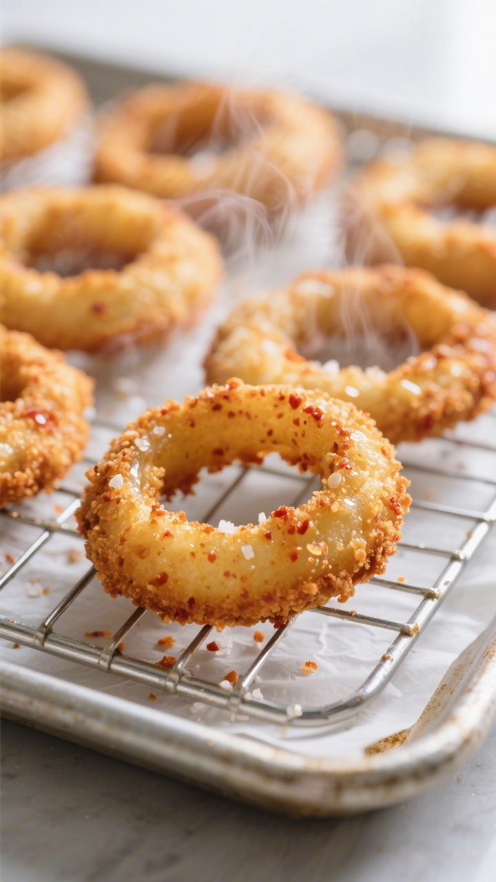 Close-up detail: Freshly baked onion rings cooling on wire racks over parchment-lined sheet pans, go