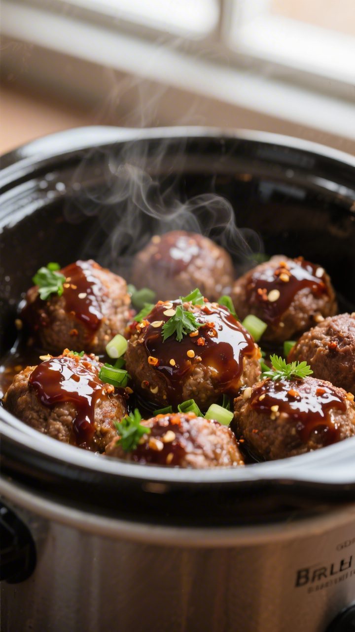 Close-up detail: Glazed crockpot meatballs just after slow cooking, coated in a glossy, thick BBQ-gr