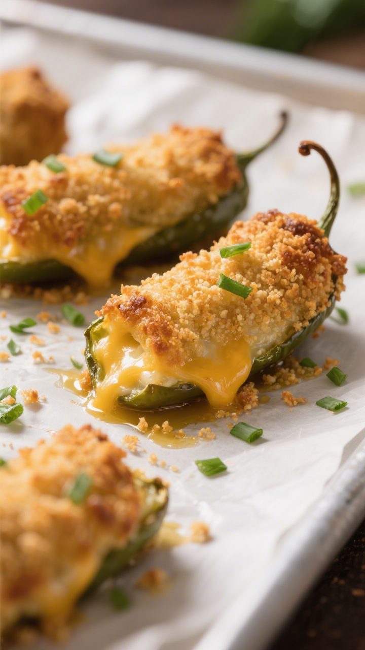 Close-up detail: Golden-baked jalapeño poppers fresh from the oven, cheese filling just set and sli