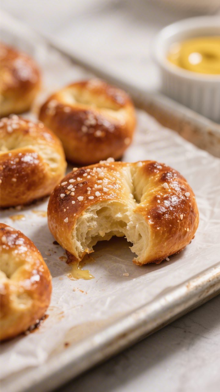 Close-up detail: Golden-brown soft pretzel bites just out of the oven, visibly blistered crust with