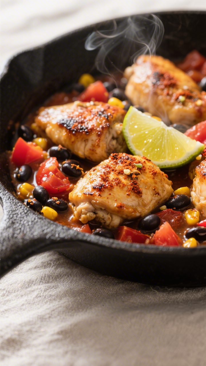 Close-up detail: Golden-browned chicken pieces nestled in a saucy skillet with black beans, corn, an