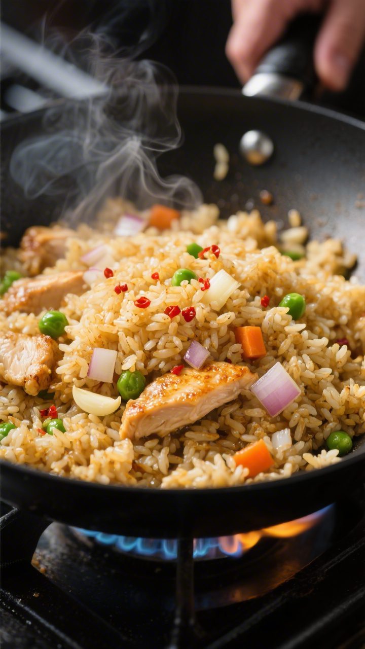 Close-up detail: Golden, toasty chicken fried rice searing in a black wok over high heat, showing di