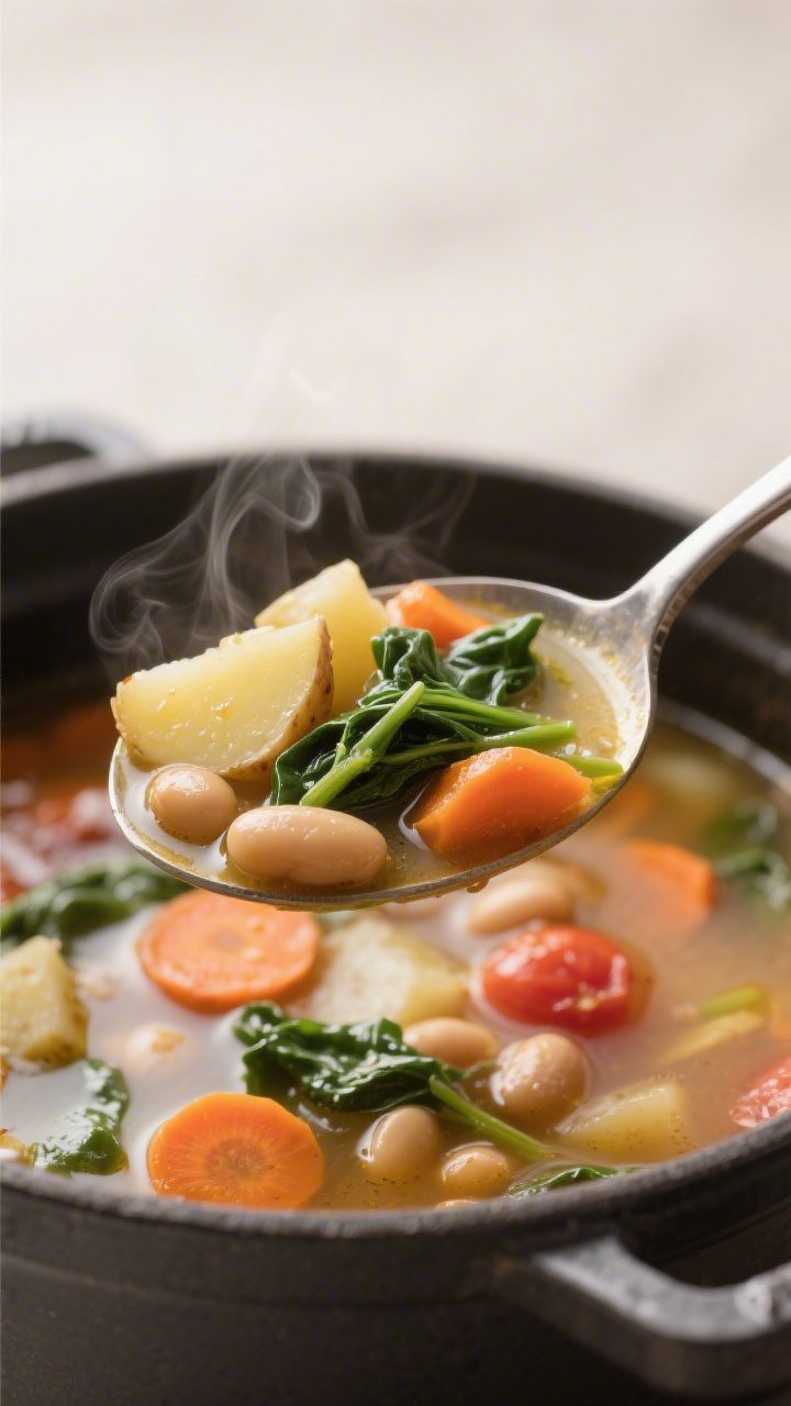 Close-up detail: Ladle lifting a hearty scoop of the finished vegetable soup from the pot, highlight