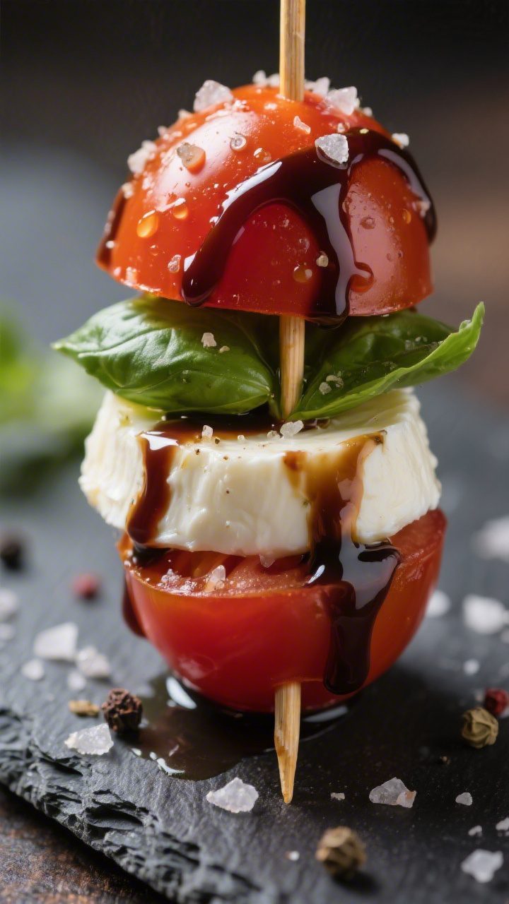 Close-up detail — Macro shot of a single finished Caprese skewer resting on a slate board: glisten