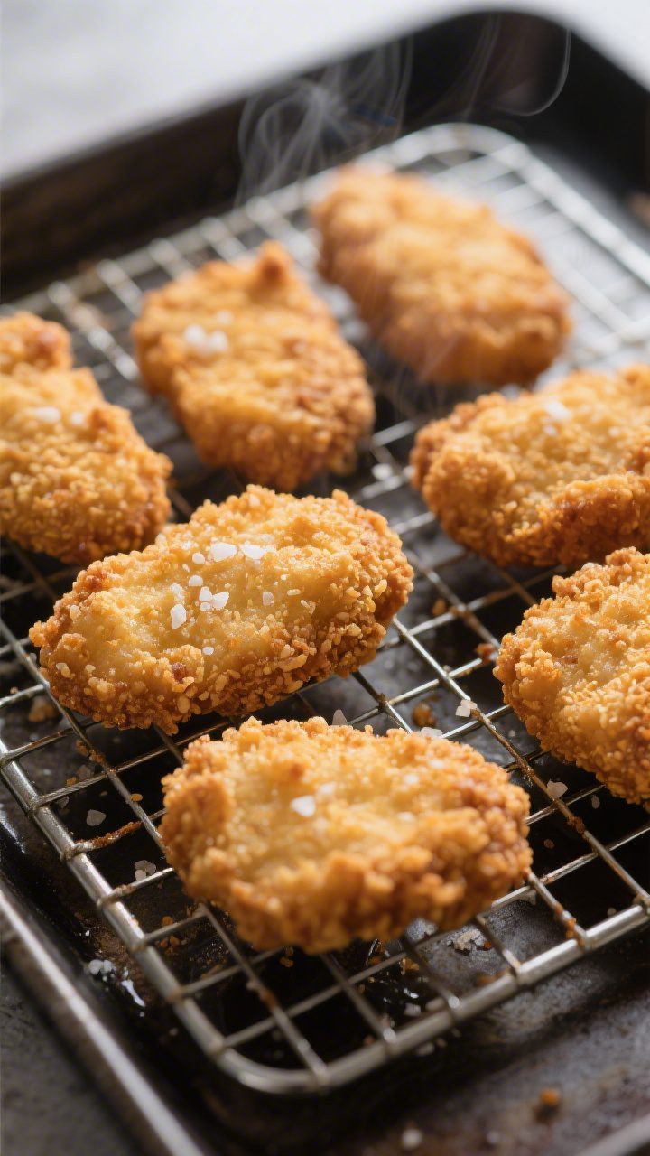 Close-up detail of freshly fried homemade chicken nuggets draining on a wire rack, deep golden crust