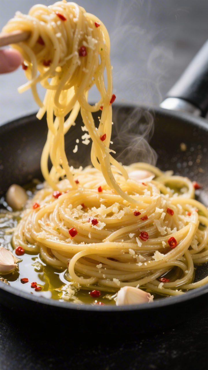 Close-up detail of glossy spaghetti being tossed in a skillet with shimmering garlic-infused olive o