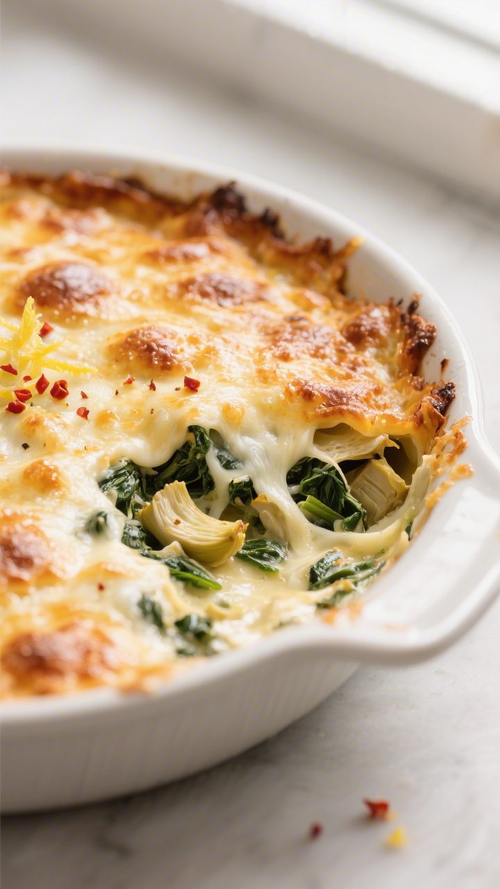 Close-up detail of oven-baked spinach artichoke dip just out of the oven: golden, lightly browned mo