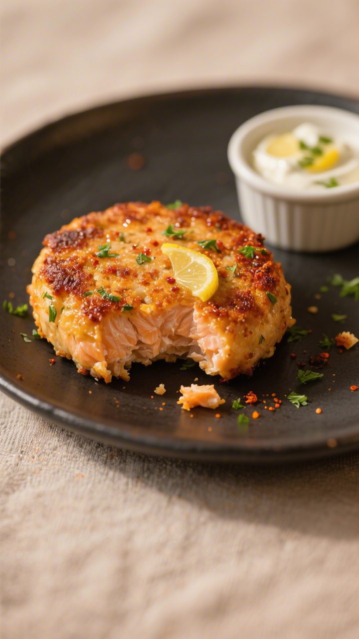 Close-up detail shot: A golden-brown salmon patty just out of the skillet, edges crisp and craggy wi