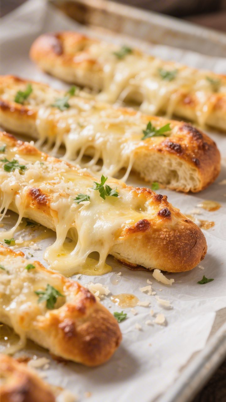 Close-up detail shot: Cheesy garlic breadsticks just out of the oven, molten mozzarella stretching b