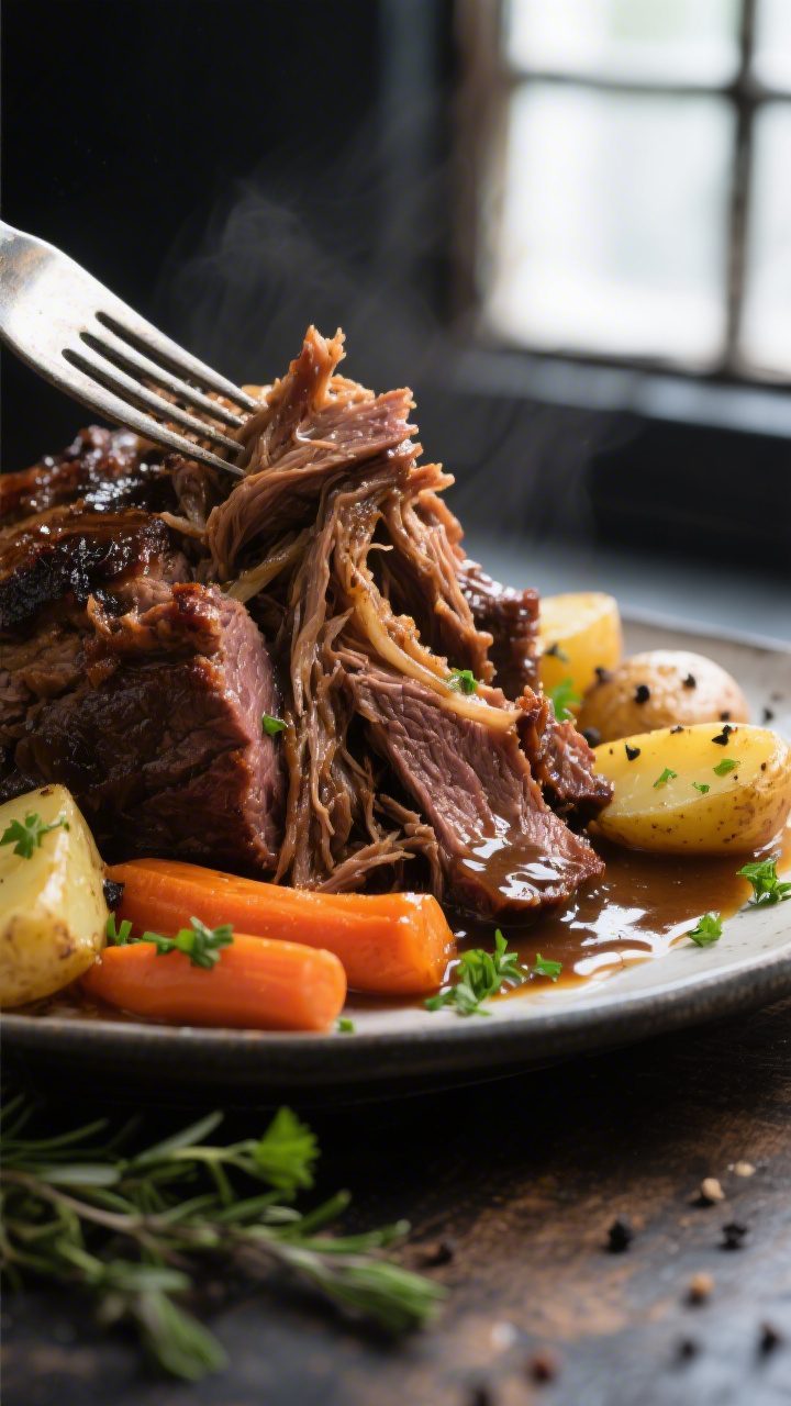Close-up detail shot: Fork-tender beef chuck roast just pulled from the slow cooker, succulent stran
