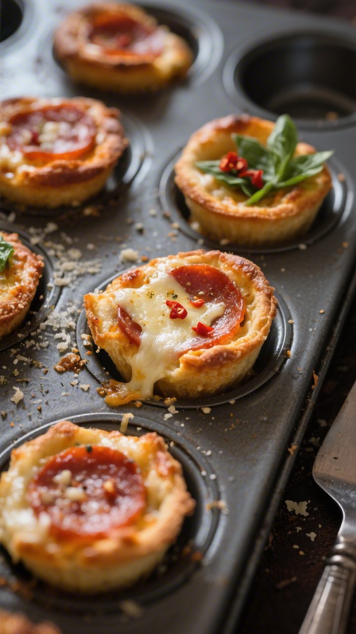 Close-up detail shot: Freshly baked mini pepperoni pizza bites just out of the muffin tin, cheese bu