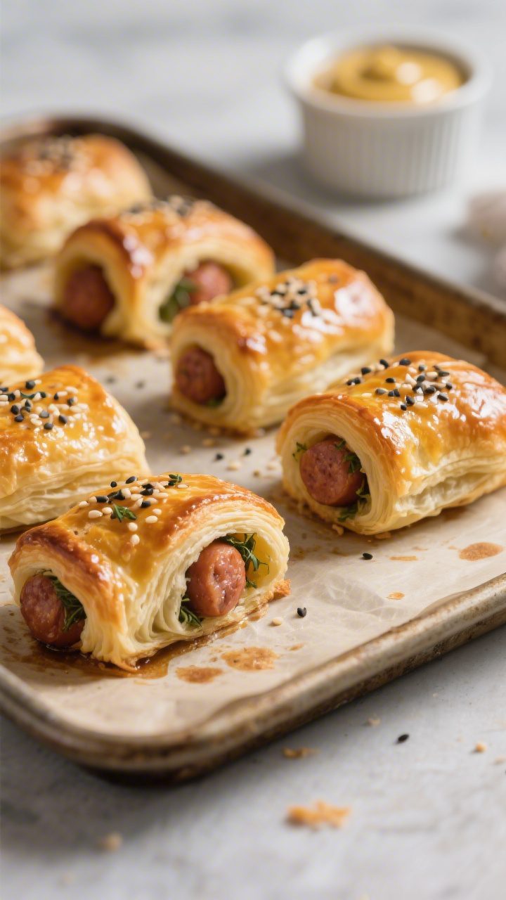 Close-up detail shot: Freshly baked mini sausage rolls just out of the oven, puff pastry deeply gold