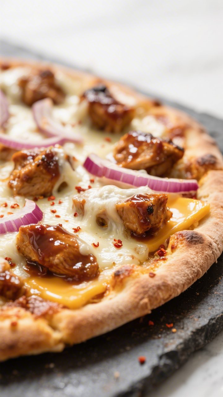 Close-up detail shot: Melted mozzarella and smoked gouda bubbling over saucy BBQ chicken clumps on a