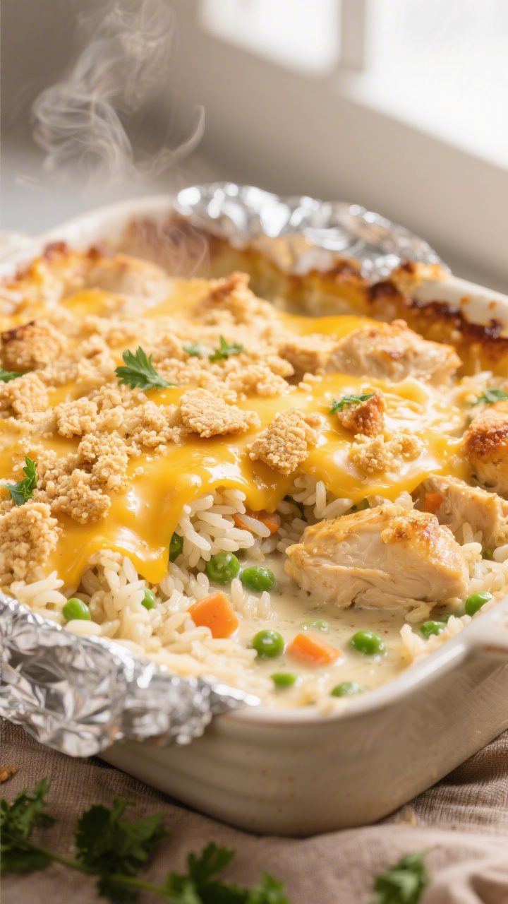 Close-up detail shot of a golden, bubbling chicken and rice casserole just after the foil is removed