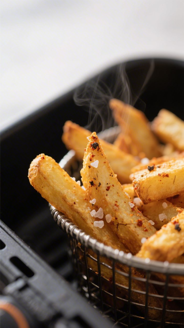 Close-up detail shot of crispy air fryer French fries just out of the basket, golden-brown with a cr