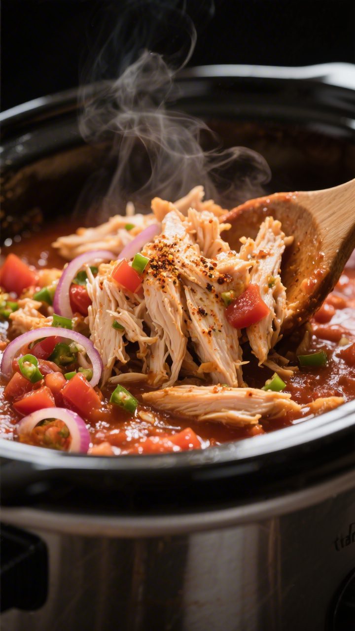 Close-up detail shot of freshly shredded crockpot chicken being stirred back into its rich salsa-tom