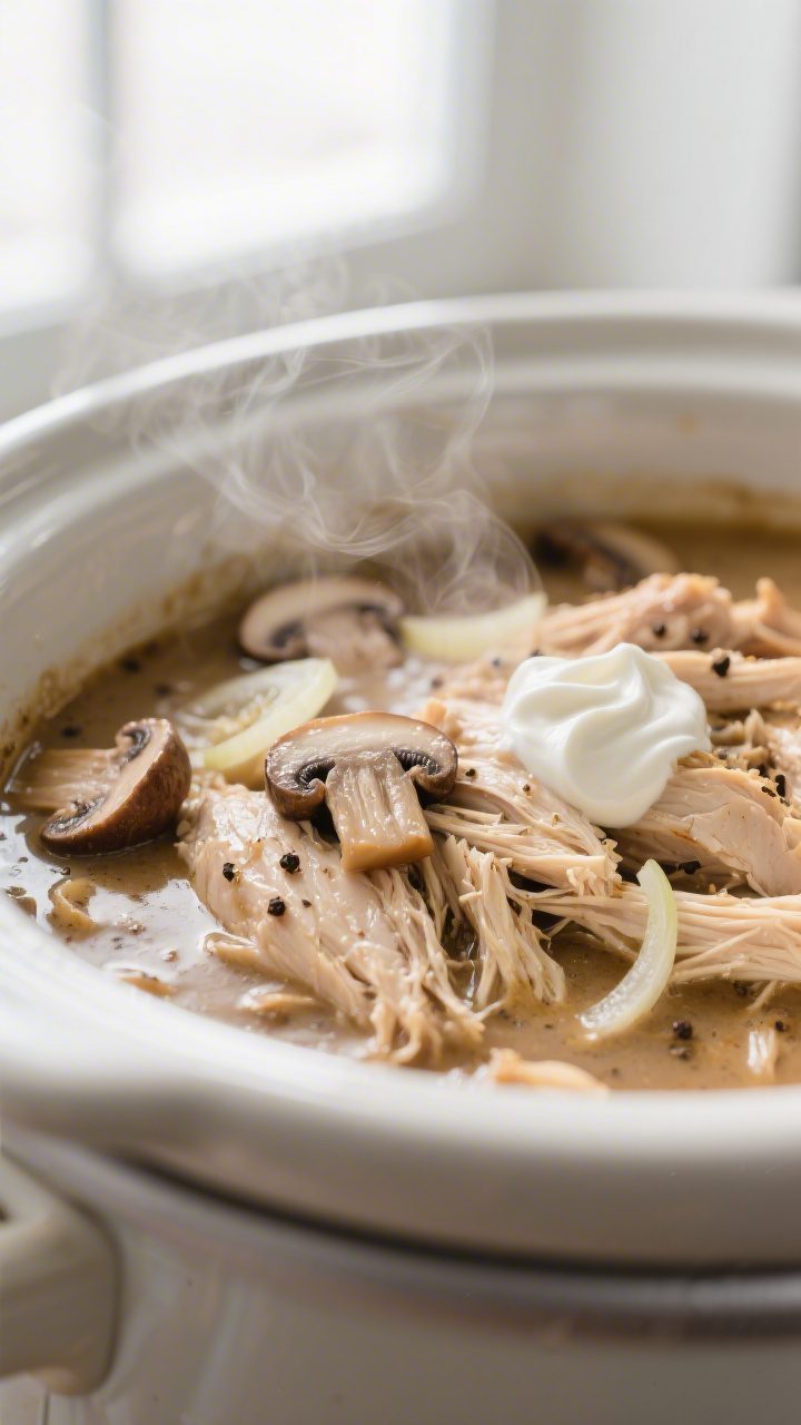 Close-up detail shot: Tender shredded slow-cooked chicken folded back into silky, pepper-flecked gra