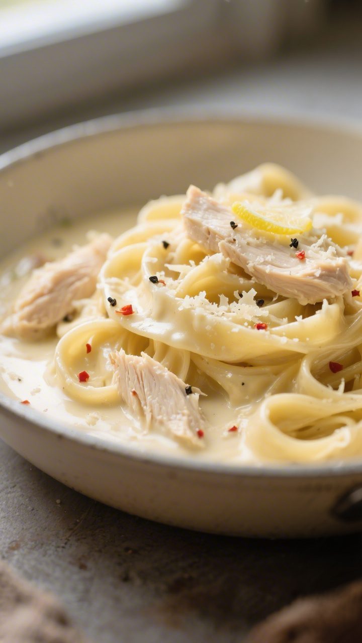 Close-up detail: Silky Alfredo sauce clinging to freshly tossed fettuccine with tender flaked canned
