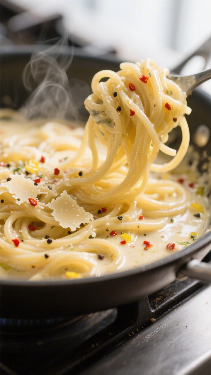 Close-up detail: Silky spaghetti coated in creamy garlic-butter sauce mid-toss in a wide skillet, gl