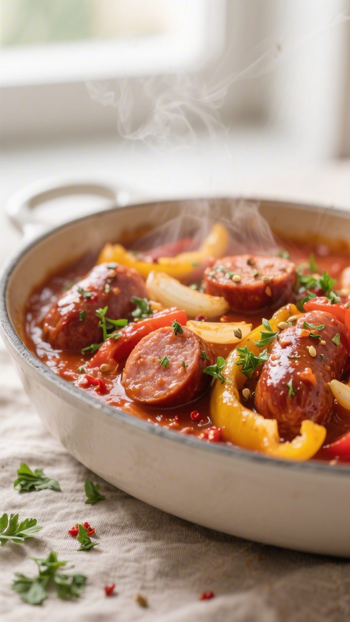 Close-up detail: Sliced Italian sausage and tender peppers just out of the slow cooker, glistening i