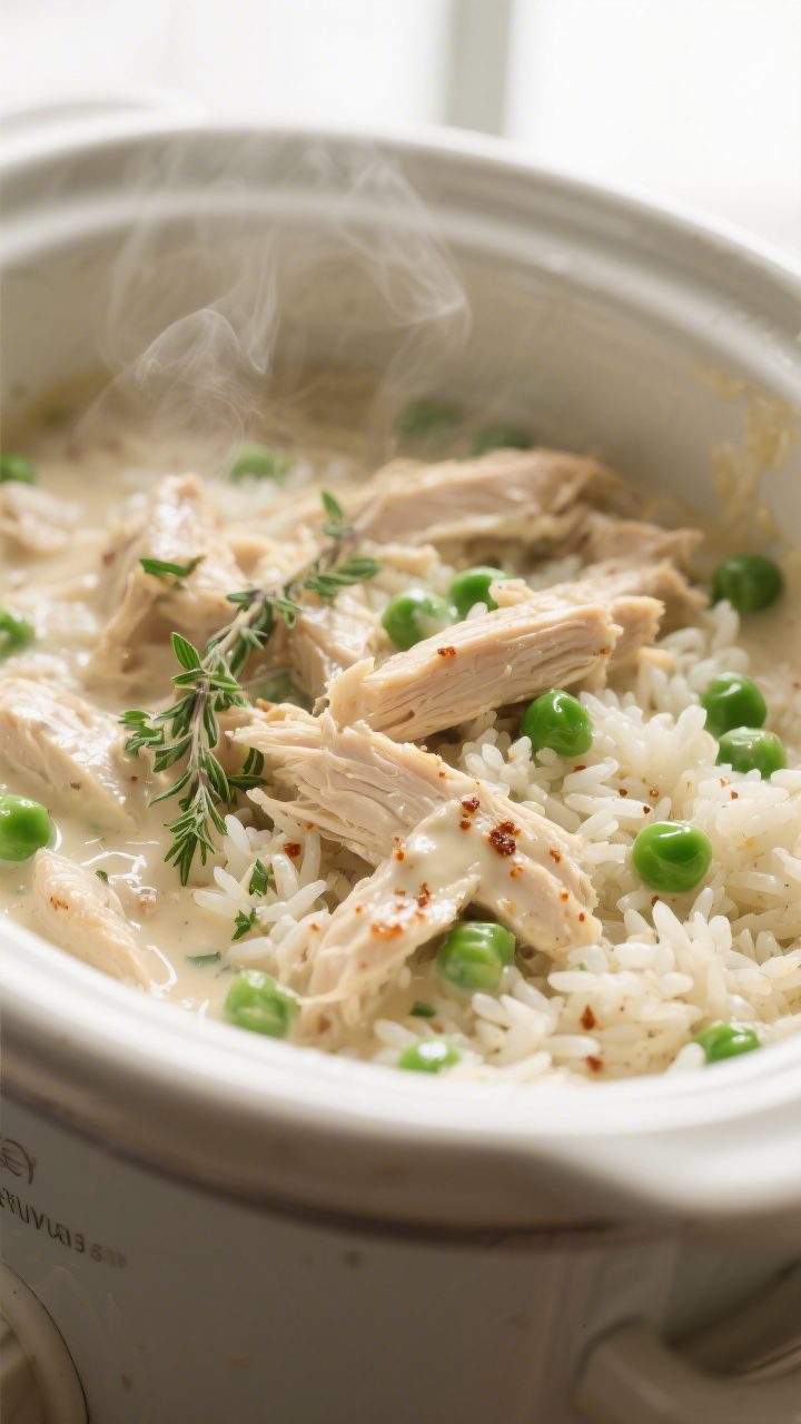 Close-up detail: Slow Cooker Creamy Chicken and Rice just after shredding and stirring back in, show
