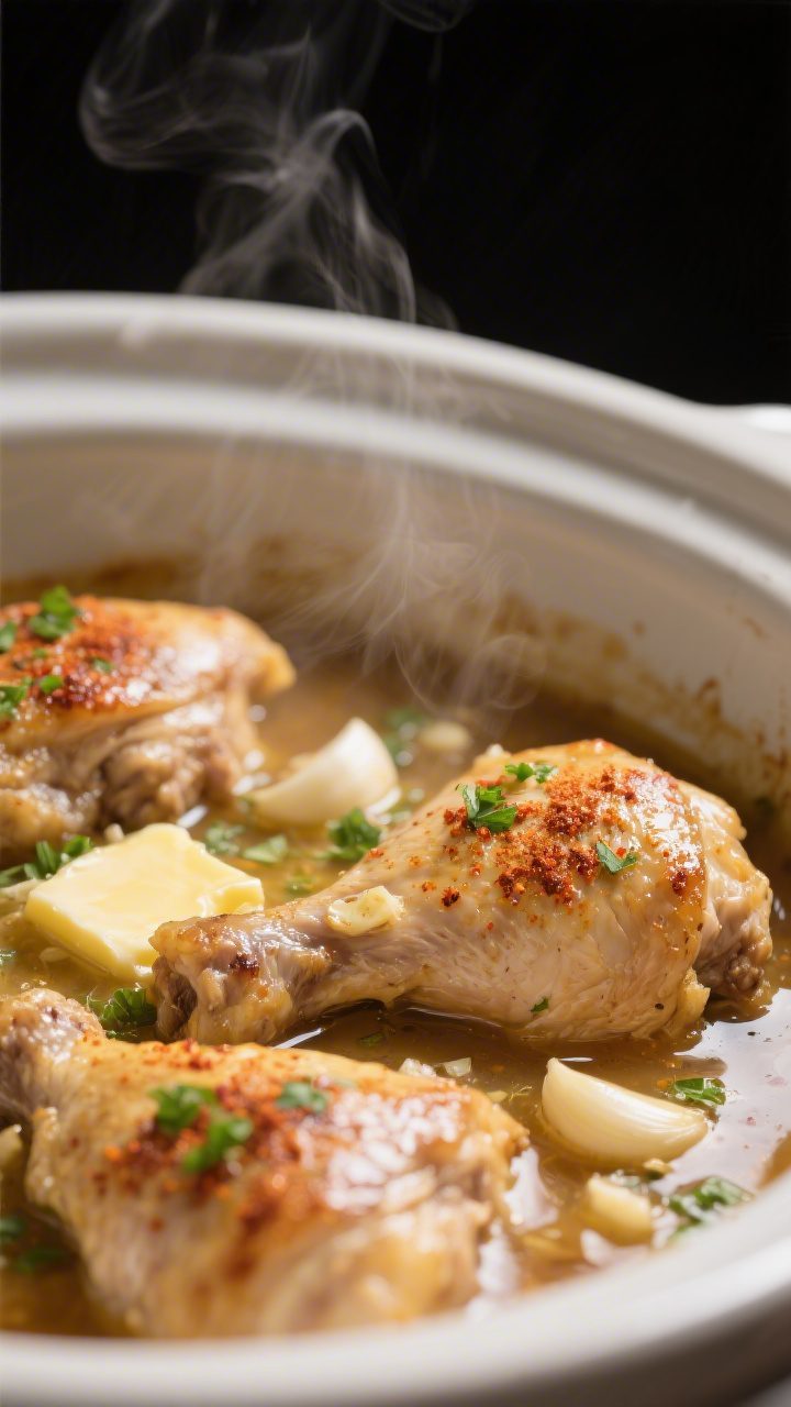Close-up detail: Tender, cooked chicken thighs in a crockpot bathed in a glossy garlic butter sauce,