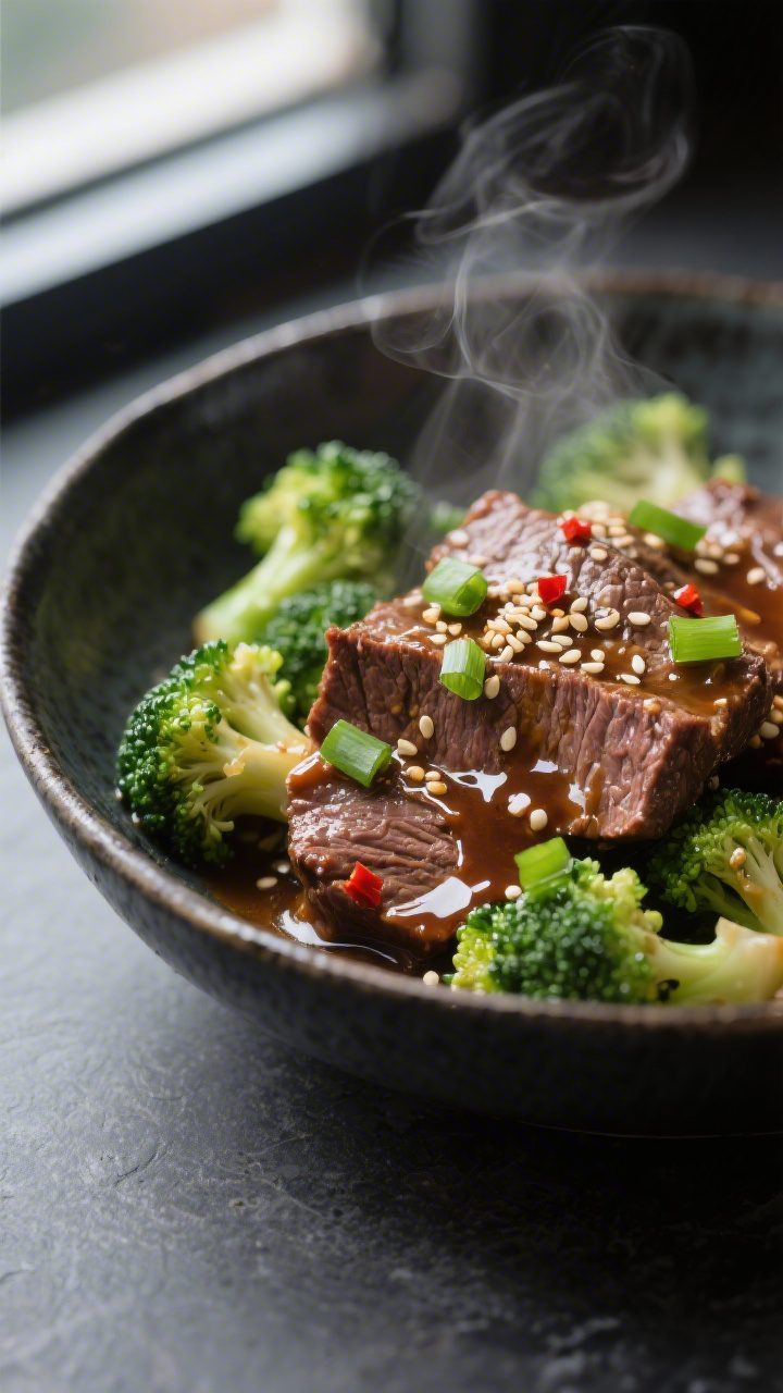 Close-up detail: Tender, glistening slices of slow-cooked beef coated in a glossy soy-ginger-garlic