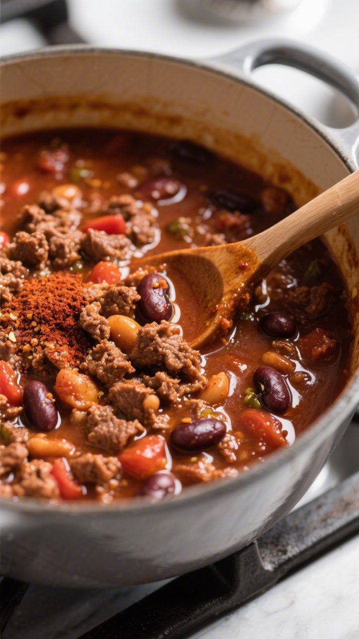 Close-up detail: Thick, simmering classic beef chili in a Dutch oven, showing glossy, spoon-coating