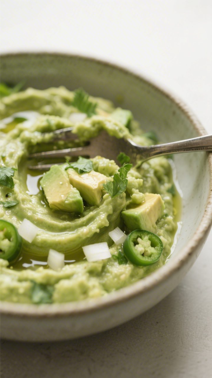 Close-up detail: Ultra-creamy guacamole mid-mash in a ceramic bowl, fork creating silky swirls with