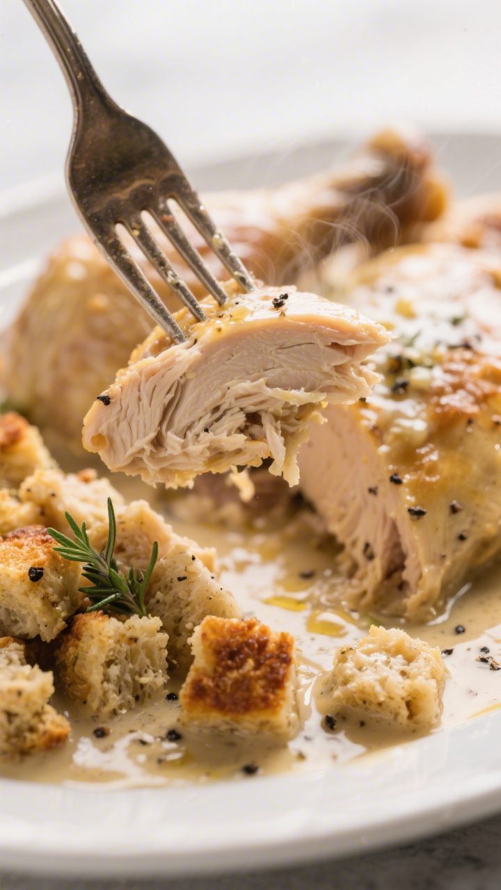 Close-up detail, : Ultra-tight shot of a fork pulling apart succulent crockpot chicken smothered in