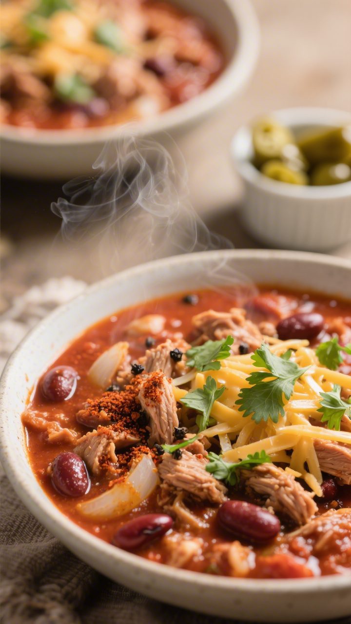 Close-up final presentation: Intimate close-up of ladled turkey chili just served, showcasing glossy