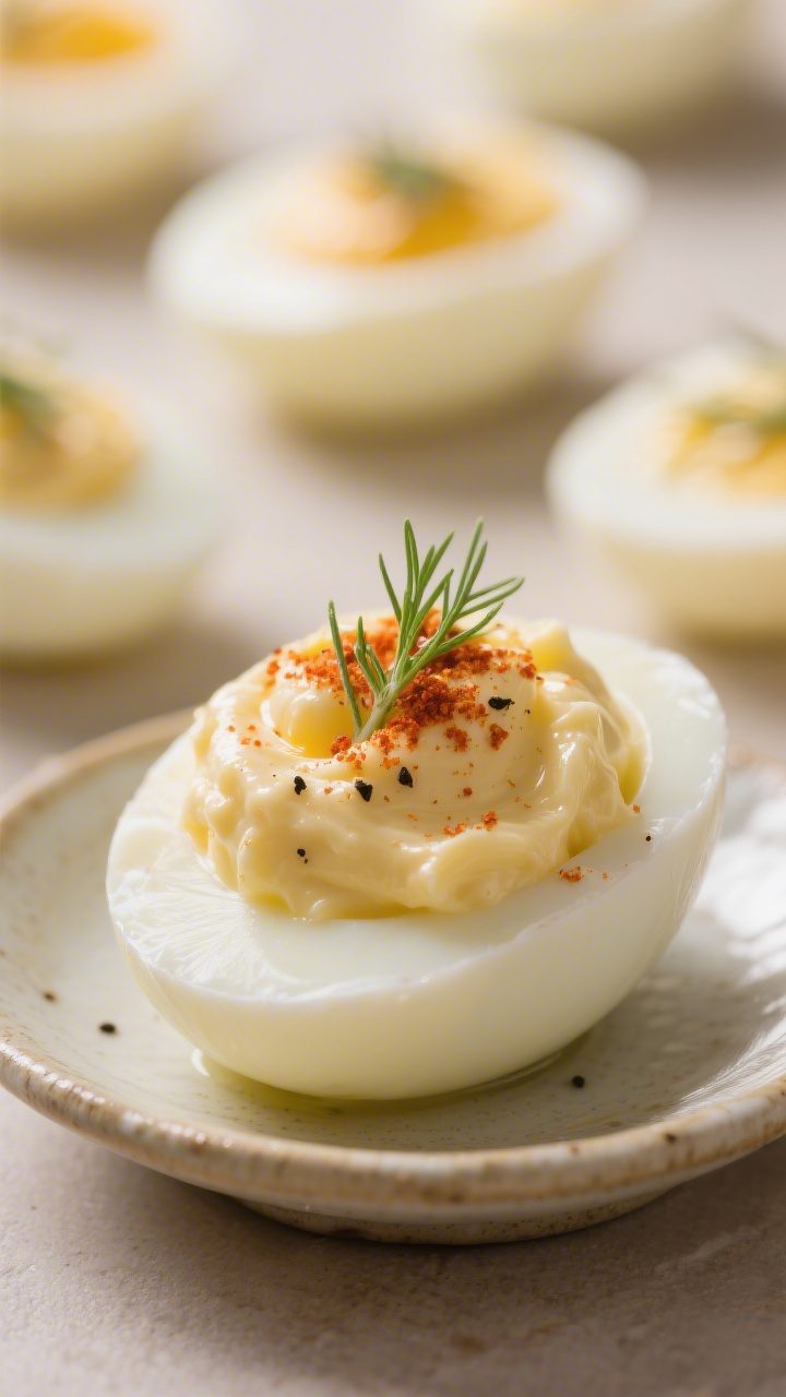 Close-up final presentation: Macro shot of a single deviled egg half on a small ceramic dish, showin