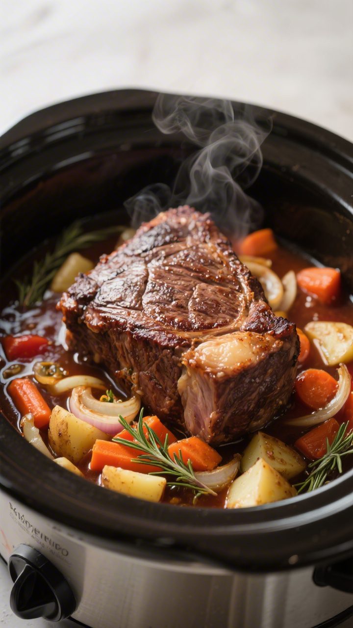 Cooking process action shot: The seared chuck roast nestled atop a colorful layer of cooked onions,