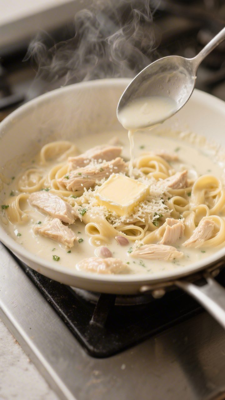 Cooking process: Alfredo being built in a skillet on the stovetop—garlicky butter and warmed flake