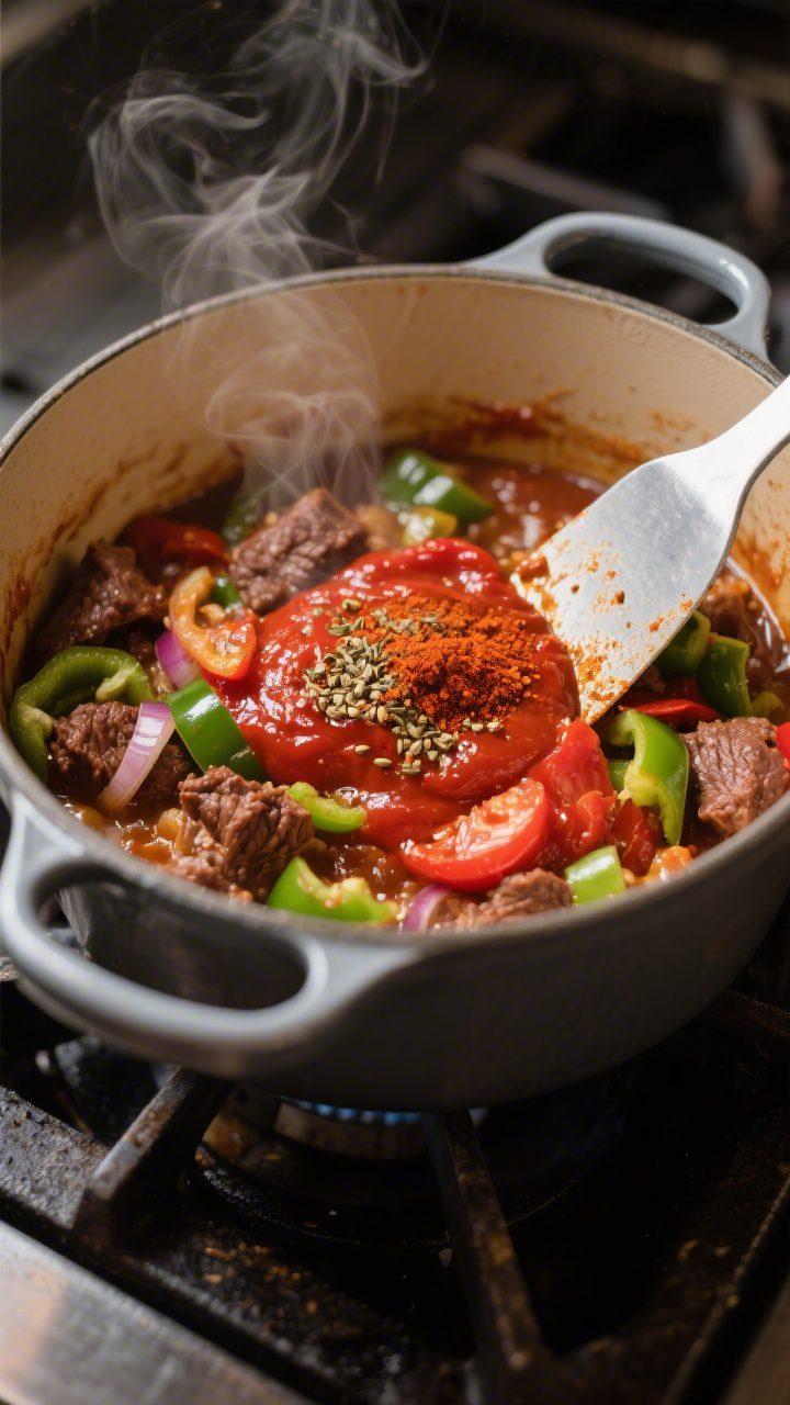 Cooking process: Blooming spices and tomato paste stage captured in the pot—caramelized tomato pas