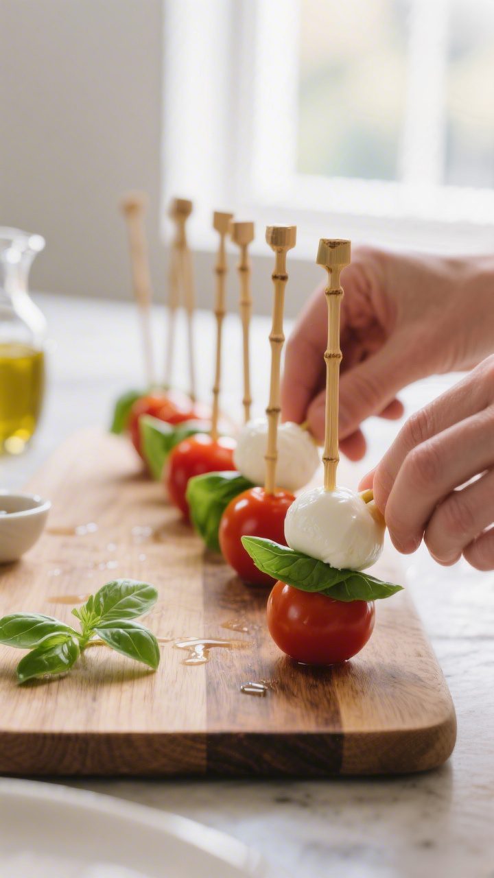 Cooking process — Caprese skewers being assembled: a neat row of short bamboo cocktail picks on a